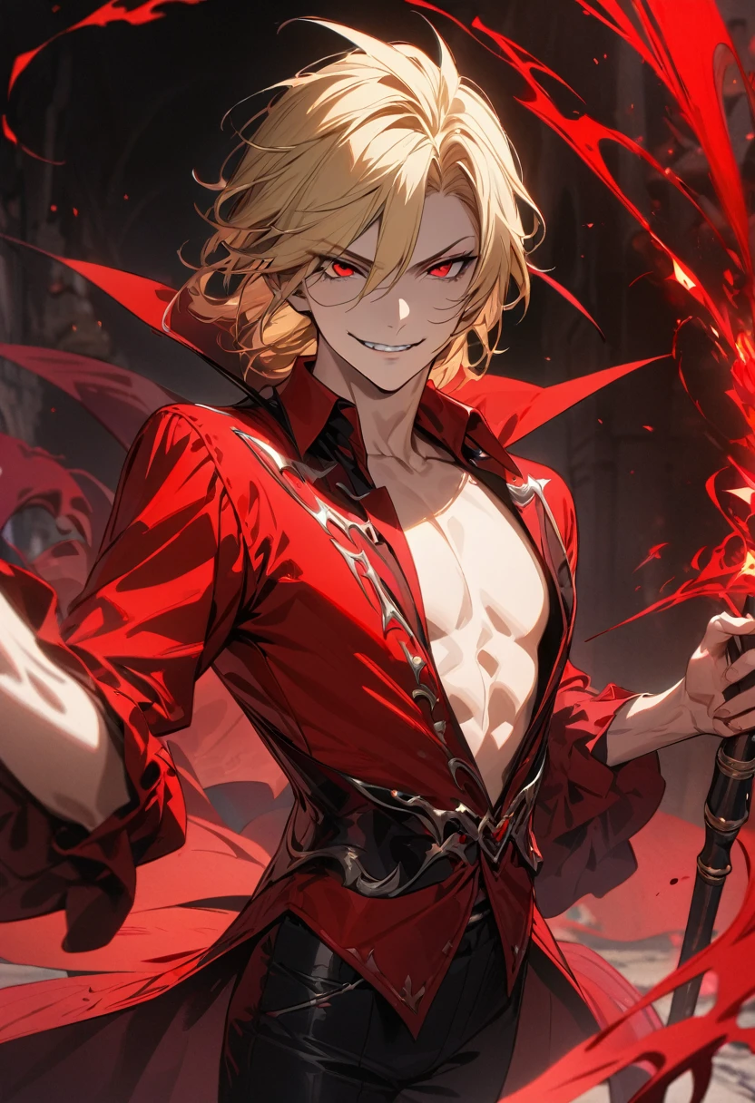 Young boy, long blonde hair, red eyes, red lush shirt, black tight pants, vampire prince, smirk, open chest, skinny, cane, magic, Masterpiece, best quality, Full HD, 8k, ultra details, great graphic