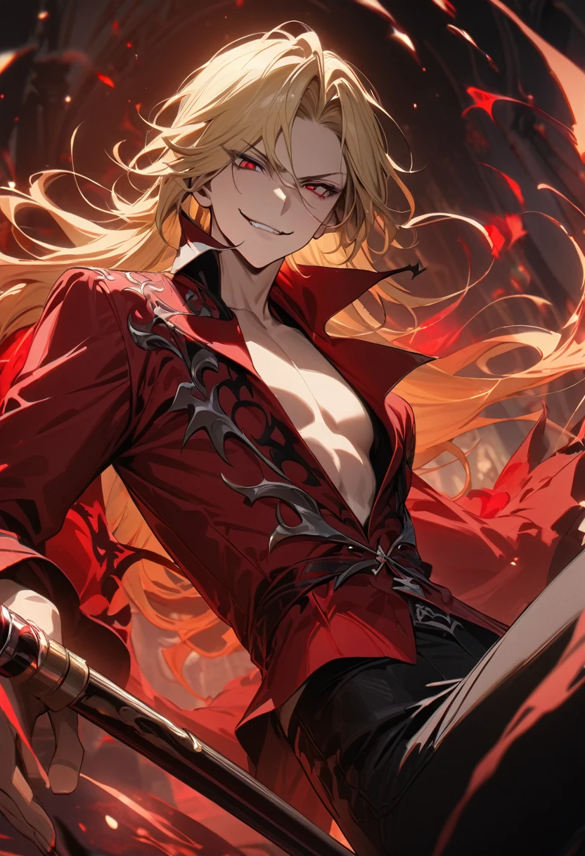 Young boy, long blonde hair, red eyes, red lush shirt, black tight pants, vampire prince, smirk, open chest, skinny, cane, magic, Masterpiece, best quality, Full HD, 8k, ultra details, great graphic