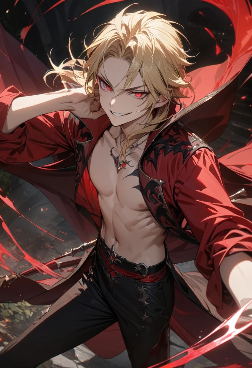 Young boy, long blonde hair, red eyes, red lush shirt, black tight pants, vampire prince, smirk, open chest, skinny, cane, magic, Masterpiece, best quality, Full HD, 8k, ultra details, great graphic
