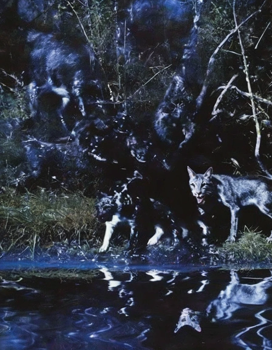 film photography, vintage, close up photo of  black water with dancing cats, blue dark forest night background
