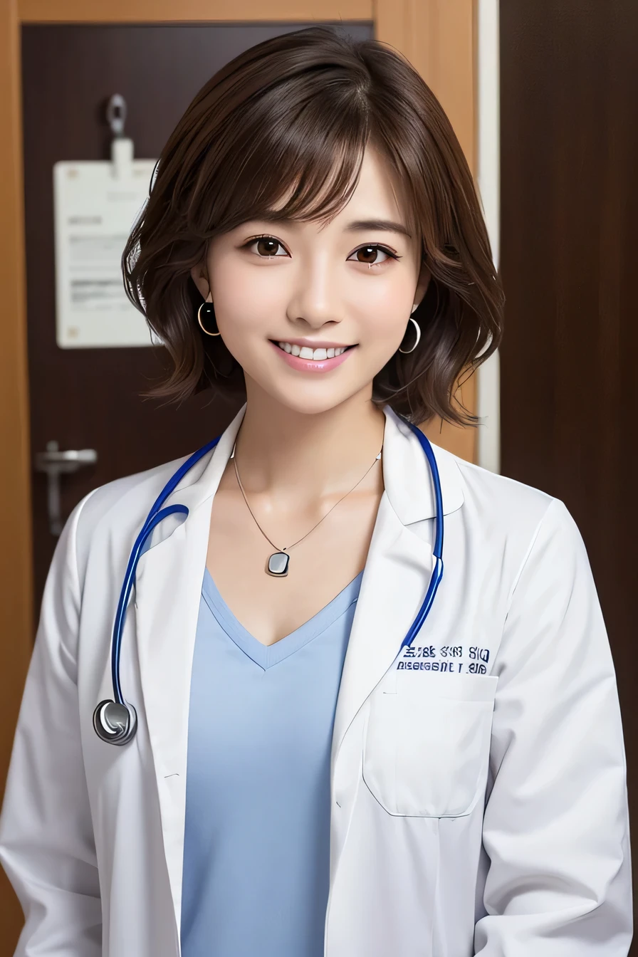 young woman、 Japanese women、Brown Hair、Necklace around the neck、White、Doctor's attire、Stethoscope、、smile、Emphasis on teeth、Wavy Hair、short hair、Intricate details, Very detailed:1.2), 、 Looking into the camera,The background is the examination room...、ear piercing

