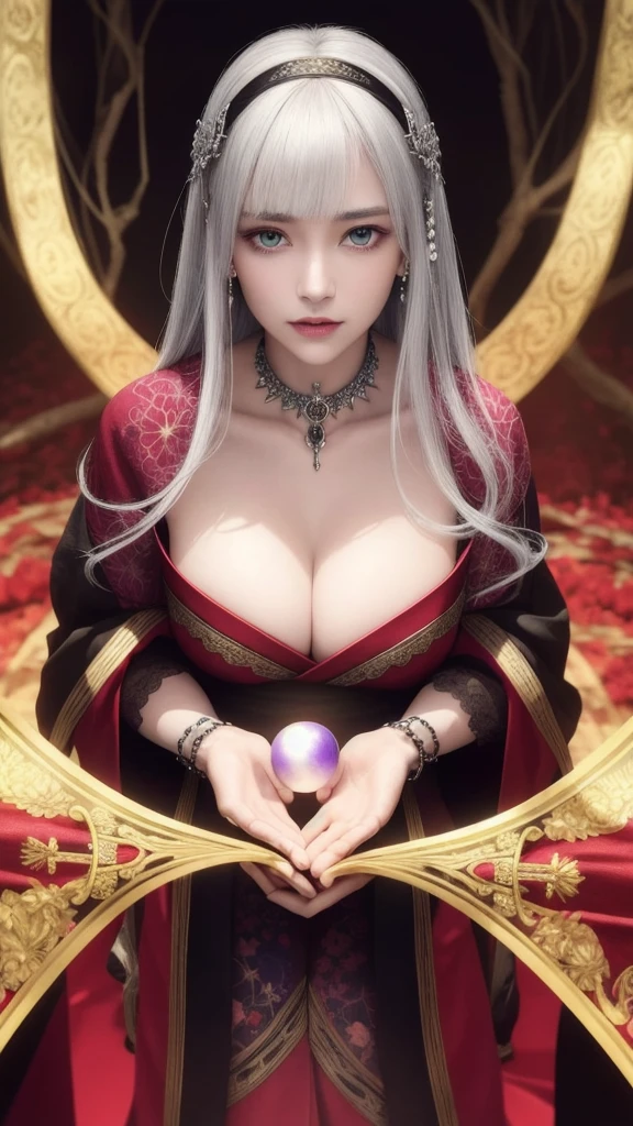 (masterpiece, top quality, 1 female, solo, exquisite details, chromatic aberration), (realistic), (skin), ((breathing)), (silver hair, blunt bangs, short cut straight long hair, short cut bangs, silver hair), beautiful hair, red headdress, blue highlights, hair over one eye, cute eyes,purple eyes, thick lips, earrings, piercing eyes, ((gold and white kimono)), ((symmetrical eyes)), ((perfectly symmetrical body)), ((perfectly symmetrical hands)), (purerosface_v1:0.3), night, (((self, natural light))), bright lighting, flowers blooming in the background, front of viewer, ((central shot, from the front, (face and waist))), mysterious atmosphere, flowers blooming around, light colored background, fortune teller in kimono, beautiful fortune teller, fortune teller, fantasy female fortune teller, female fortune teller, f Fantasy photography, magician, witch fairy tale, Japanese style, elegant cinematic fantasy art, fantasy woman, magician portrait, casting a spell, fortune teller, A powerful wizard stands in a mysterious forest, fluttering robes adorned with symbols, holding a glowing heart crystal ball, eyes glowing with mystical energy, spells leaking from his mouth, vivid swirling patterns of black magic pulsating in hues of red and blue appear in the air, magic permeates, flowers bloom and sacred creatures gaze in awe, threads of magical energy dance, revealing hidden realms and unravelling secrets, capturing the essence of this enchanting moment and bringing to life the mysterious power of black magic on a canvas of the highest quality and finest detail. Top Quality, Masterpiece, Ultra High Resolution, (Photorealistic: 1.4), RAW Photo, Sharp Focus, High Resolution, Detailed Skin, .