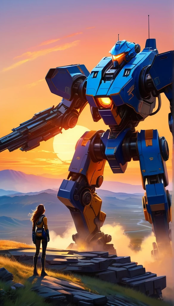 A massive, imposing mech dominates the landscape, its hulking frame silhouetted against the vibrant hues of a stunning sunrise. Perched atop a rolling hill, the mech's open cockpit reveals a woman, the pilot, intently focused on the controls. The scene exudes a captivating blend of science fiction and realism, with the sleek, technologically advanced mech complementing the natural beauty of the sunrise. Exquisite attention to detail, photorealistic rendering, and a masterful use of color and lighting create a breathtaking, ultra-detailed composition.
realistic mech, massive mech, mech on a hill, woman pilot in mech cockpit, open mech cockpit, sci-fi mech, digital painting, ultra-realistic, sunrise, vibrant sunrise, detailed landscape, detailed mech, detailed pilot, physically-based rendering, extreme detail description, professional, vivid colors