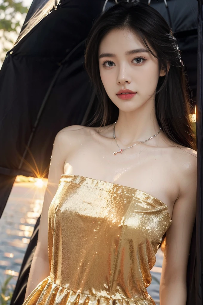 (((best quality))),(((ultra detailed))),(((masterpiece))),illustration,1 beautiful girl,solo,slim,thin,flat chest,shoulder length straight bob hair,flowing hair,fair skin,(shiny skin:1.3),sparkling eyes,cherry-red dress,delicate silver necklace,grass,dewdropletts,trees,bird chirping,(shimmering shadows:1.3),serenity,gratitude,awe,wonders of nature,peace,contentment,magnificent world,summer,(sunrise:1.5),(dark dawn:1.5),upper body,from front,(after rain:1.3),(wet:1.3),standing