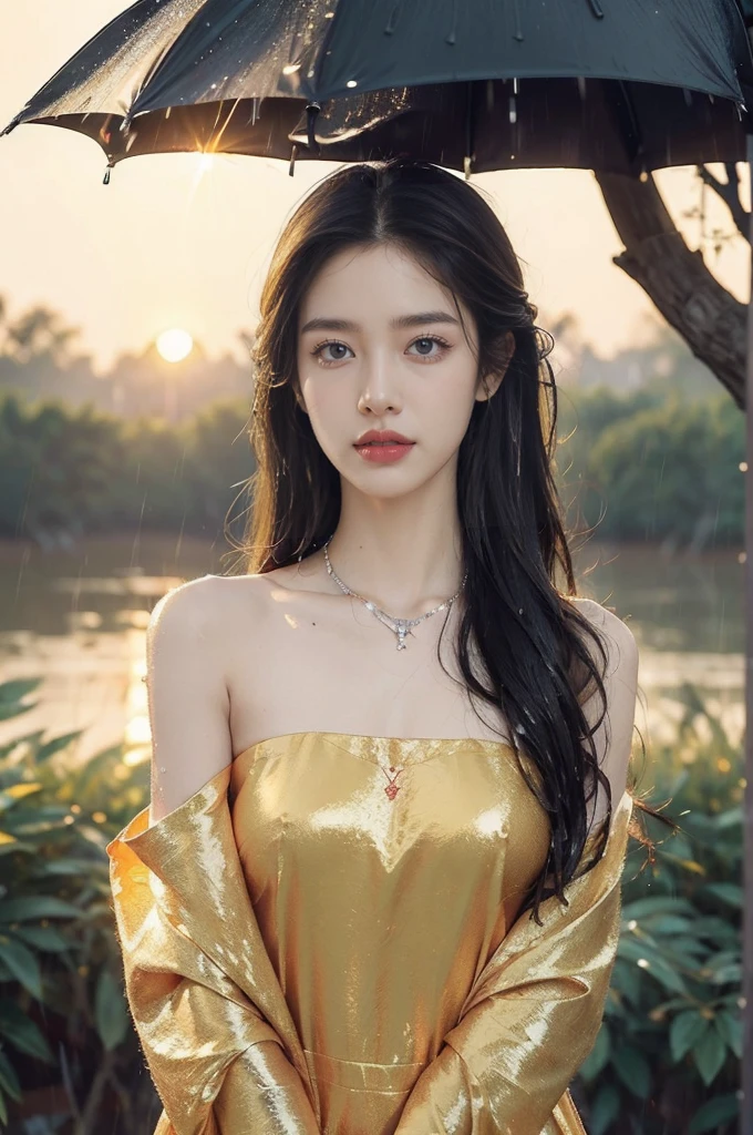 (((best quality))),(((ultra detailed))),(((masterpiece))),illustration,1 beautiful girl,solo,slim,thin,flat chest,shoulder length straight bob hair,flowing hair,fair skin,(shiny skin:1.3),sparkling eyes,cherry-red dress,delicate silver necklace,grass,dewdropletts,trees,bird chirping,(shimmering shadows:1.3),serenity,gratitude,awe,wonders of nature,peace,contentment,magnificent world,summer,(sunrise:1.5),(dark dawn:1.5),upper body,from front,(after rain:1.3),(wet:1.3),standing