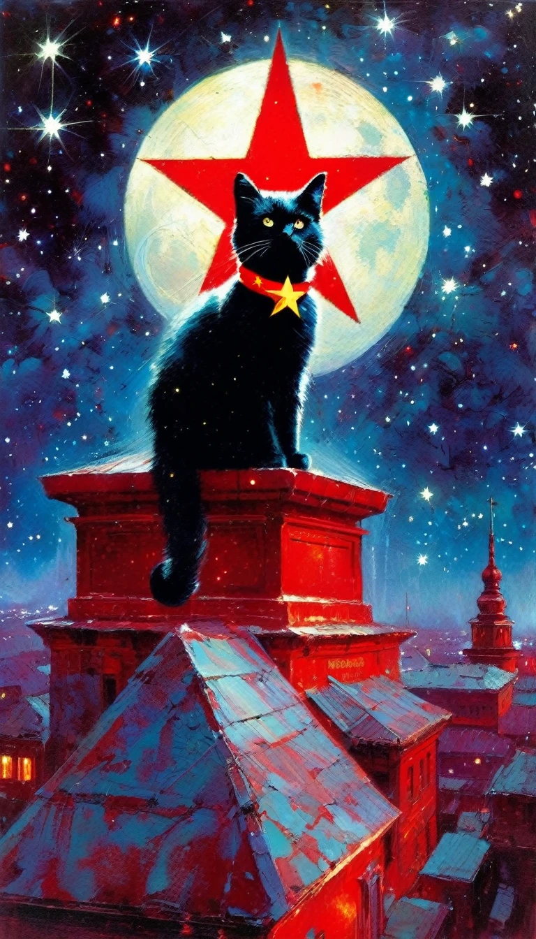 the communist cat, red star, magic, fantastic, night sky, moon, stars, background, (art inspired in Bill Sienkiewicz). oil painting)