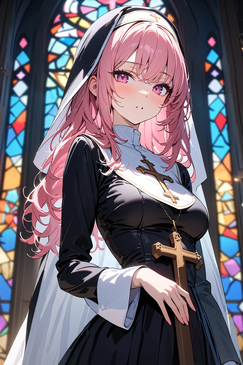 (masterpiece, best quality:1.5), (ultra detailed, high resolution, 8k, beautiful detailed, UHD, best anatomy), 1 cool girl, pink hair, medium breasts, nun's habit, church, stained glass, Intense gaze, cross, Blurry background