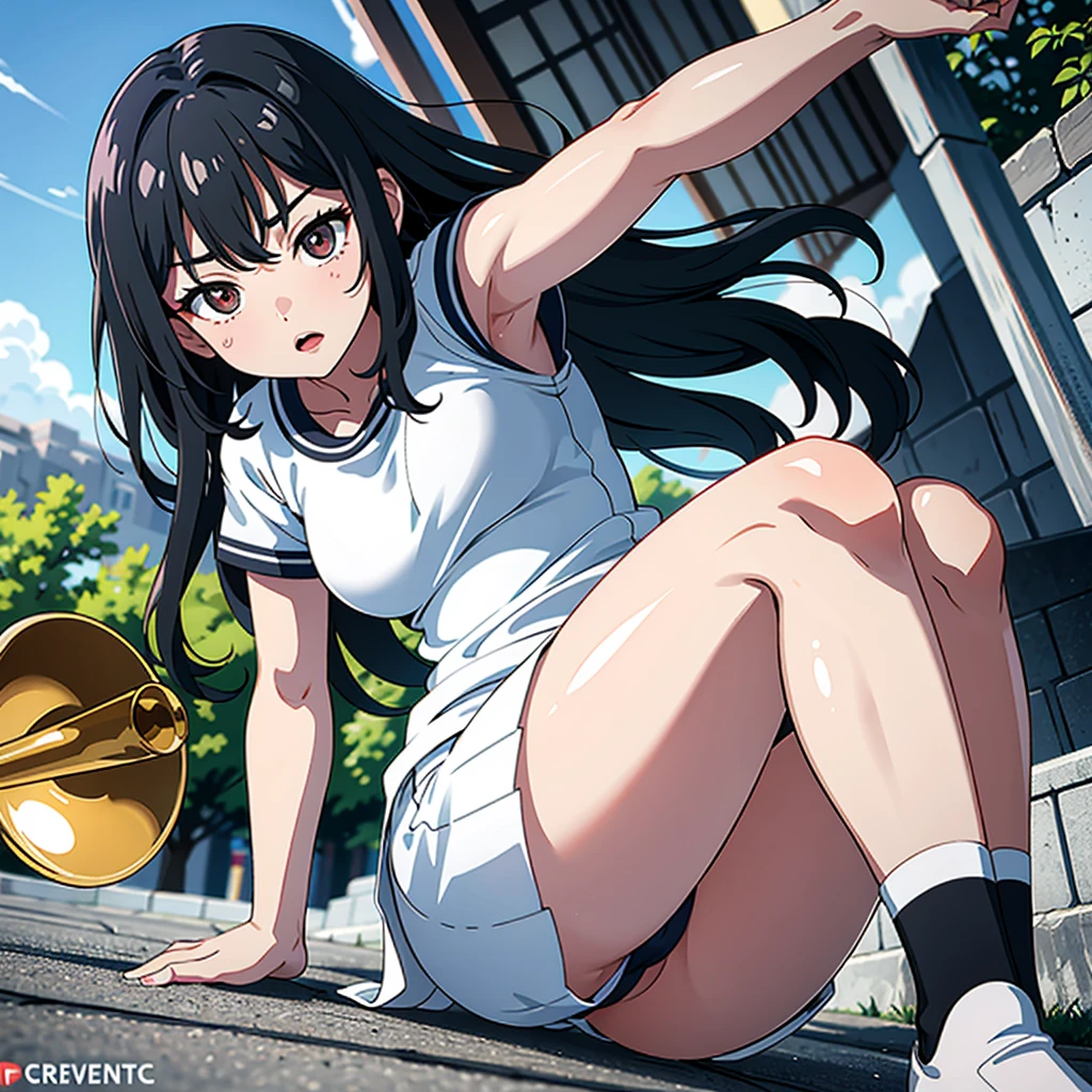 high resolution。High resolution、Low - Angle、masterpiece、Beautiful black-haired girl、17 years old、Round eyes、Playing the Trumpet、White sleevelesiniskirt and knee socks。sweating、high resolution8K