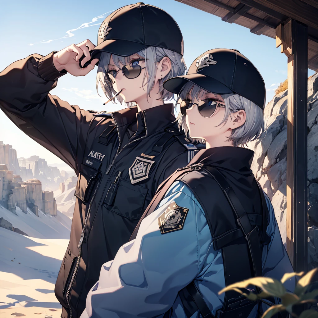 (((Smoke a cigarette　Wear sunglasses　Security Officer　Wear a hat　1 person)))　(((Gray Hair　Short Hair　blue eyes　girl)))，((noon　wilderness　In the middle of the desert))，(Shining Sun　Rolling Skull)，　Shining Background　Shining Edge