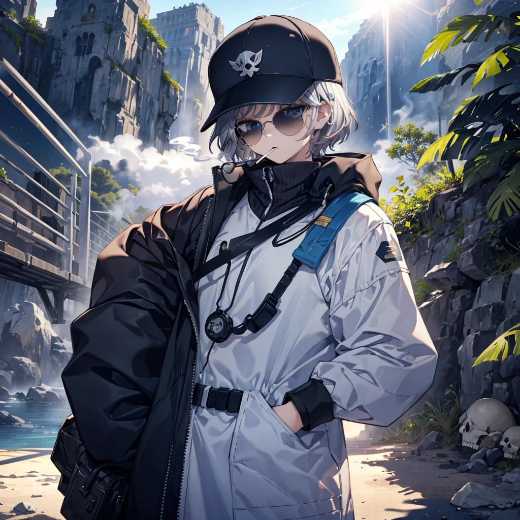 (((Smoke a cigarette Wear sunglasses Security Officer Wear a hat 1 person))) (((Gray Hair Short Hair blue eyes girl))),((noon wilderness In the middle of the desert)),(Shining Sun Rolling Skull), Shining Background Shining Edge