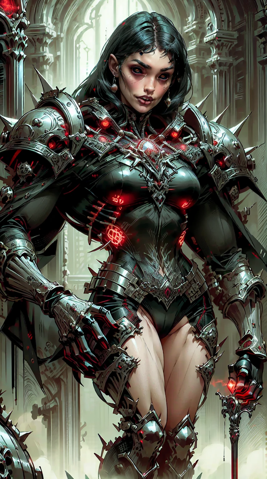 (((megan fox))), (masterpiece:1.1), (best quality:1.1), ((full body view:1.25)), (ornate:1.1), (red and black coloring:1.26), BREAK, (horror:1.0), (esoteric:1.1), (solo:1.4), (dynamic angle:1.0), (cowboy shot:1.0), (woman:1.1),(very muscular bodybuilder girl:1.25), (huge upper body:1.25), (narrow hips:1.0), long hair, (gothic intricate vampiric armor:1.25), (gauntlets:1.0), (shoulder armor:1.1), ((tarot style frame:1.25)), (glowing red eyes:1.25), (huge muscular arms:1.5,) thin legs, Realistic, Very detailed face and eyes, masterpiece