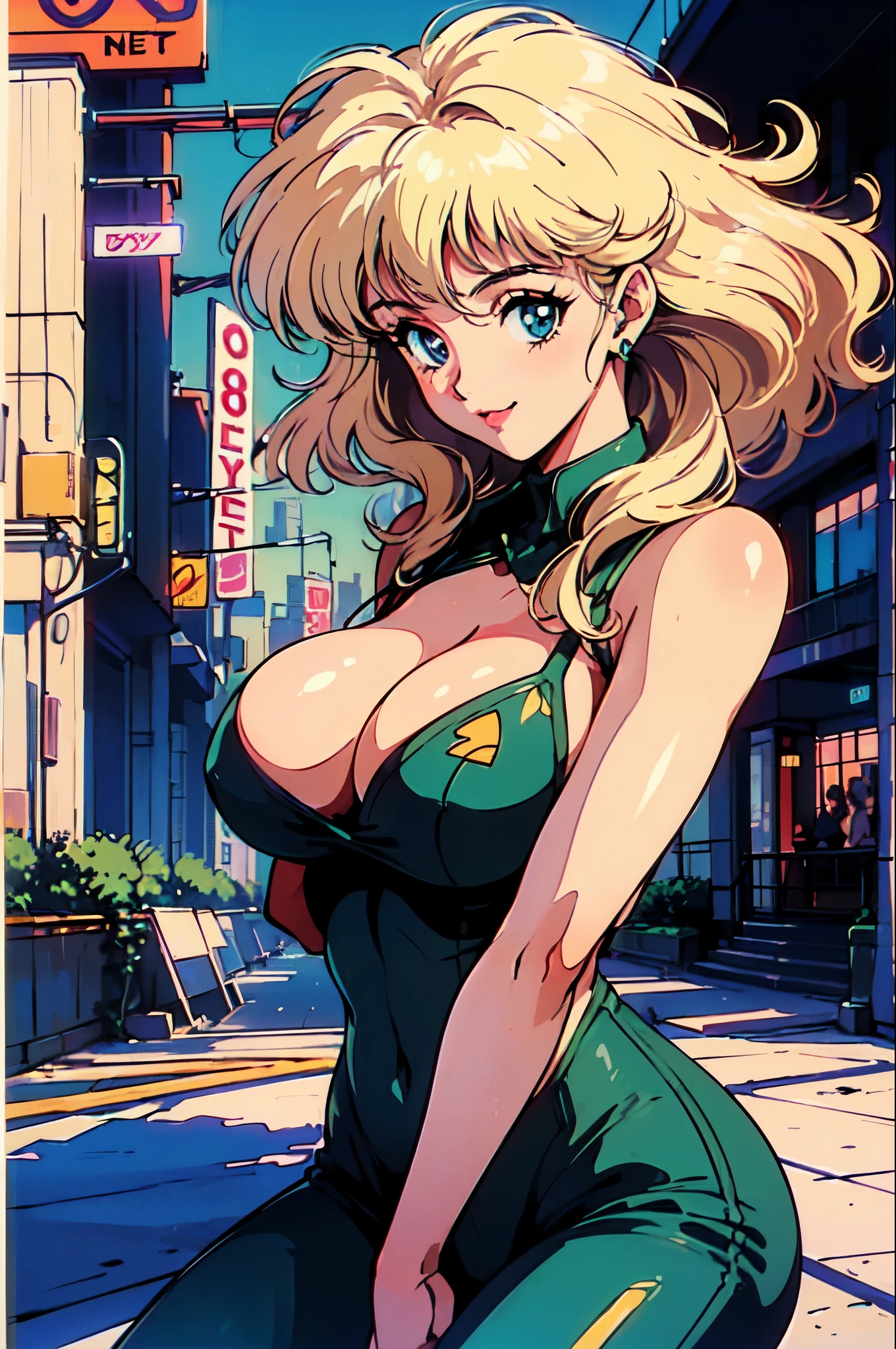 (80's, retro, city pop poster:1.5), (album cover), (masterpiece, best quality), (anime, illustration), 
best photo pose, dynamic angle, cowboy shot, blonde Russian girl, 19 years old, Large breast, Wide hips, Bubbly ass, Round buttocks,
girl, solo, smile, perfect detail eyes, delicate face, blue eyes,
high fashion, 