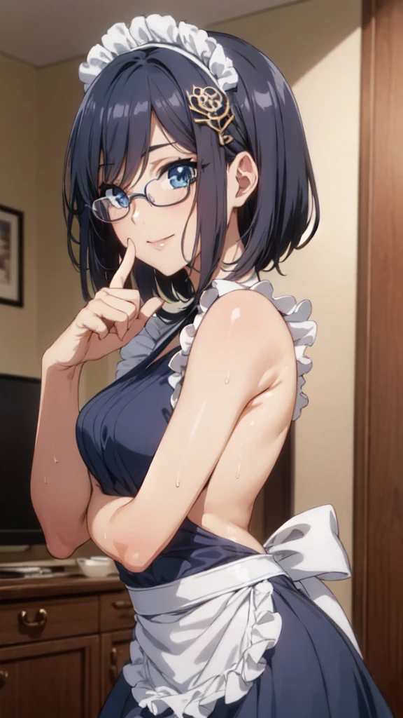 One girl,18-year-old,(Perfect hands:1.3), Perfect Fingers,Perfect Anatomy, (masterpiece), highest quality,Realistic, hyperRealistic, 16K HDR,, morning, short hair,(Beautiful female hands:1.3),Smaller hands,(Thin fingers:1.3), Navy Blue Hair, blue eyes, Glasses,gl is es, ,Cafe,Are standing,(Sweat:1.3),(Smile:1.2),Big Breasts,Cleavage,(skirt lift up by self:1.5),(Showing panties),(Sexy maid outfit,Headdress:1.2),Ultra mini skirt,Sexy maid outfit,
