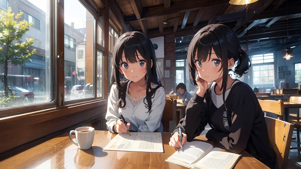 ((Highest quality)), ((masterpiece)), (detailed), At the window in the cafe。 Outside, the rain falls quietly in the evening sky. At the window in the cafe。 Warm lighting and calming colors。 The street lights are reflected beautifully in the window.。 A woman sits indoors、He is working with a ballpoint pen in one hand.。 Relaxed atmosphere。 On the table、Computers and Notebooks、On the tableにコーヒーのマグカップがある