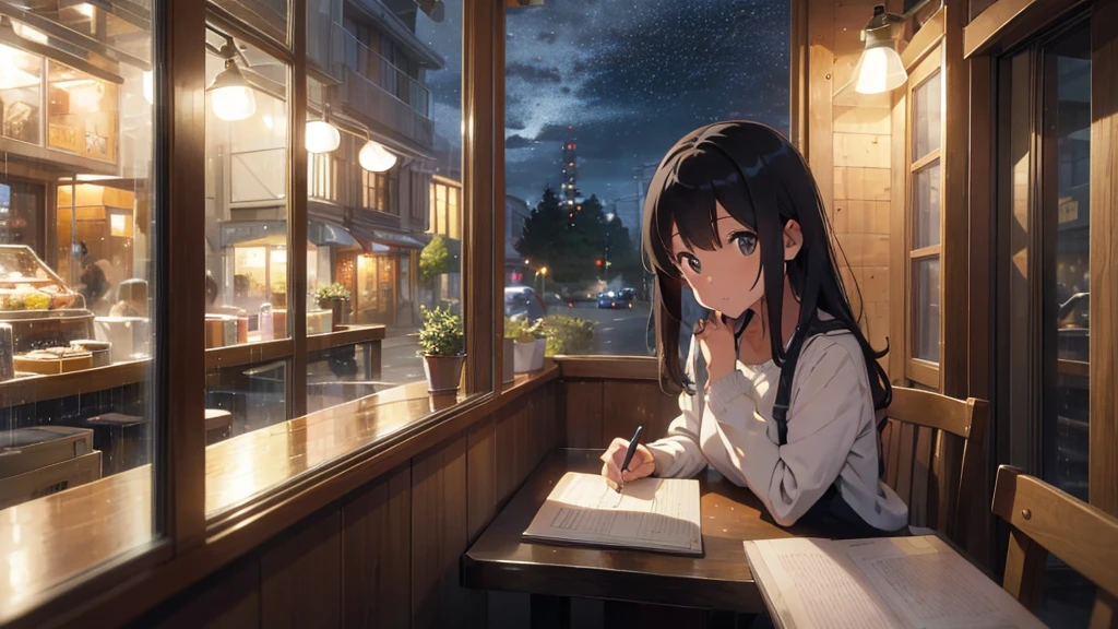 ((Highest quality)), ((masterpiece)), (detailed), At the window in the cafe。 Outside, the rain falls quietly in the evening sky. At the window in the cafe。 Warm lighting and calming colors。 The street lights are reflected beautifully in the window.。 A woman sits indoors、He is working with a ballpoint pen in one hand.。 Relaxed atmosphere。 On the table、Computers and Notebooks、On the tableにコーヒーのマグカップがある