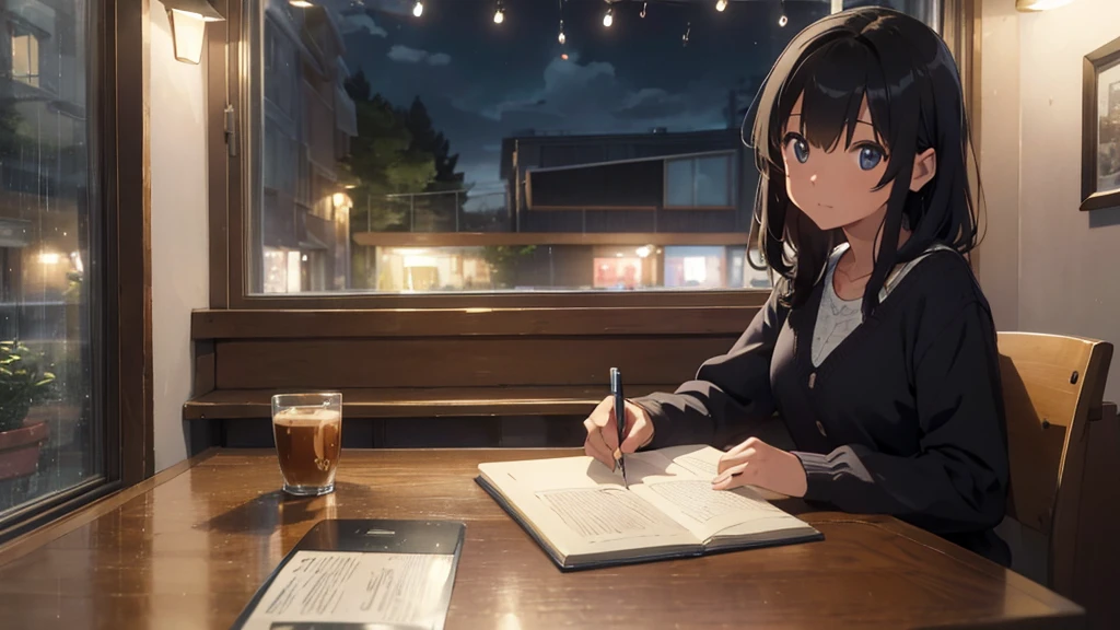 ((Highest quality)), ((masterpiece)), (detailed), At the window in the cafe。 Outside, the rain falls quietly in the evening sky. At the window in the cafe。 Warm lighting and calming colors。 The street lights are reflected beautifully in the window.。 A woman sits indoors、He is working with a ballpoint pen in one hand.。 Relaxed atmosphere。 On the table、Computers and Notebooks、On the tableにコーヒーのマグカップがある
