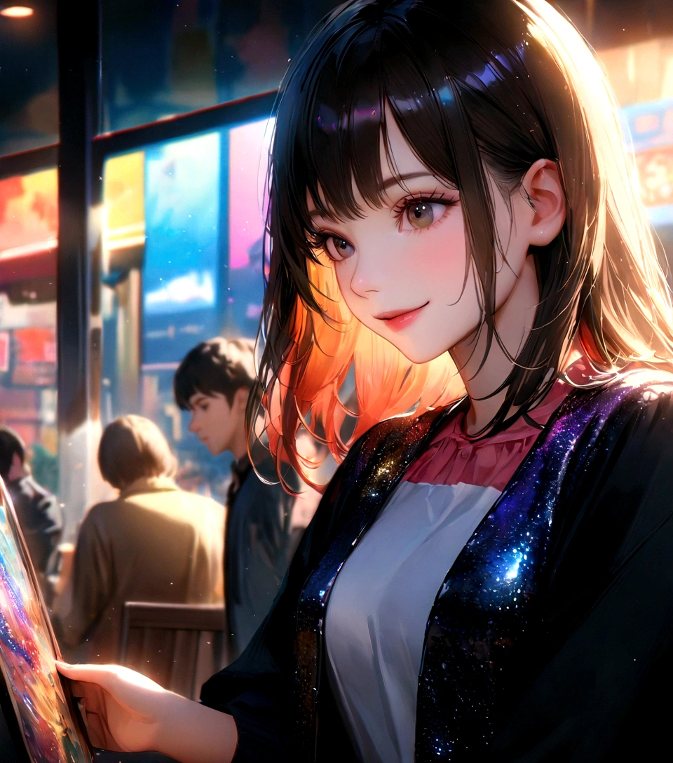 Shinjuku, Cute casual clothes,On a date,Blur the background,Shortcuts,high school girl,smile,Glitter effect,Highest quality, 8K, High resolution, masterpiece:1.2, Very detailed, Realistic:1.37, High resolution, 超High resolution, Ultra-fine painting, Very detailed, Professional, Vibrant colors