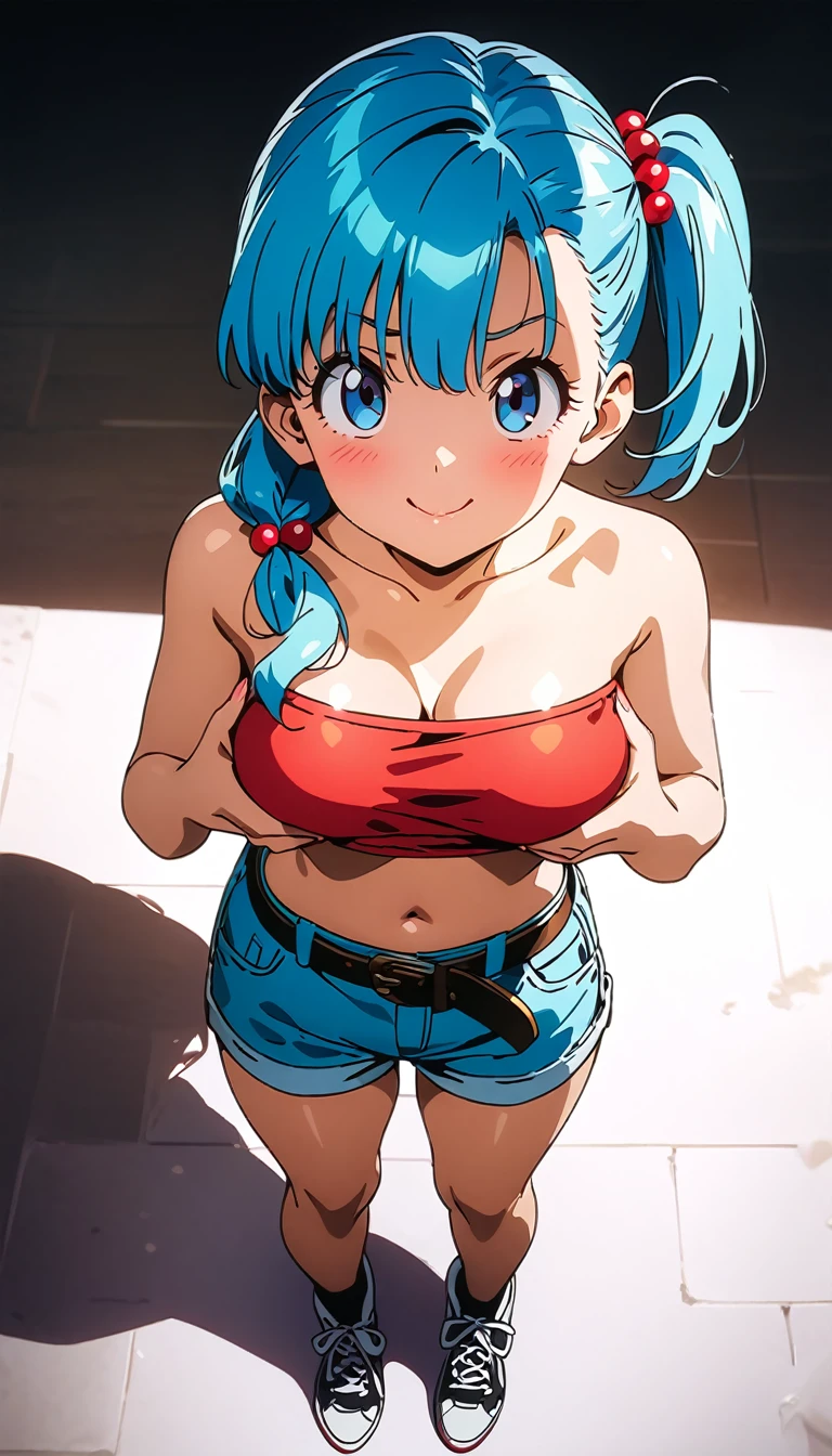 score_9, score_8_up, score_7_up, BREAK from front,from above,straight-on,breast lift,standing,,mediumshot,1girl,bulma, blue eyes, blue hair,bare shoulders, belt, cleavage, hair bobbles, hair ornament, hair over shoulder,medium breast,midriff, navel, one side up, red tube top, shorts,ass, side ponytail, (strapless, tube top,under_boob:1),,,looking at viewer,facial expression,smile,asterpiece, best quality, ultra detailed, highres,4k,(ultra-detailed) (illustration:0.5), (ray tracing,:0.8),(anime colored:0.7),(ai-generated:0.5), (anime screencap:0.8),cinematic lighting,professional lighting,1990s_(style),,