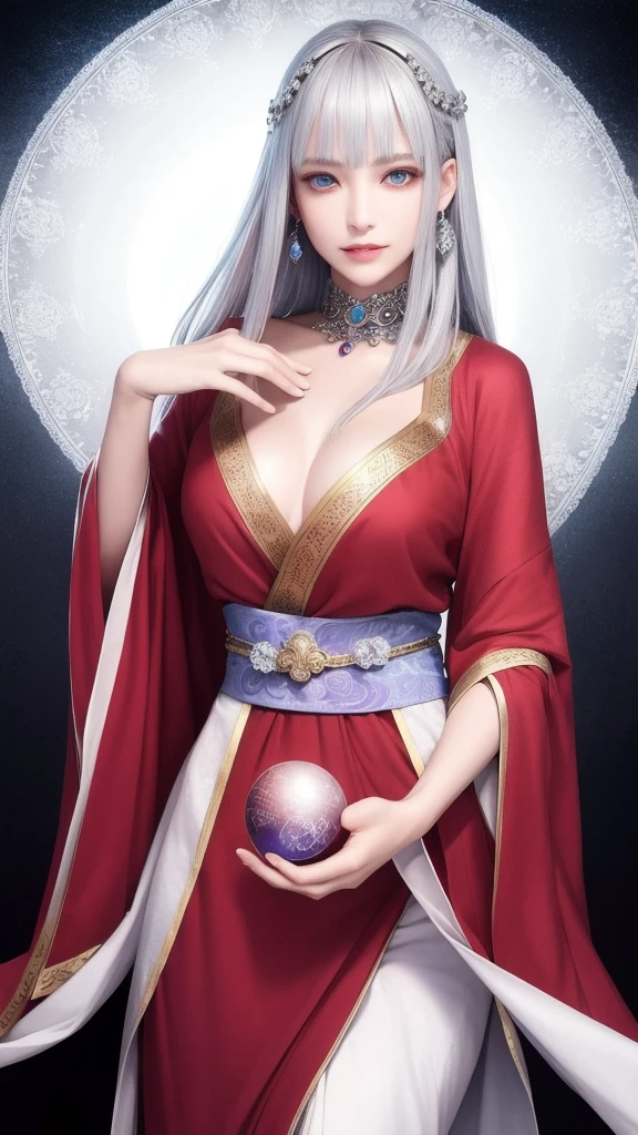 (masterpiece, top quality, 1 female, solo, exquisite details, chromatic aberration), (realistic), (skin), ((breathing)), (silver hair, blunt bangs, short cut straight long hair, short cut bangs, silver hair), beautiful hair, red headdress, blue highlights, hair over one eye, cute eyes,purple eyes, thick lips, earrings, piercing eyes, ((gold and white kimono)), ((symmetrical eyes)), ((perfectly symmetrical body)), ((perfectly symmetrical hands)), (purerosface_v1:0.3), night, (((self, natural light))), bright lighting, flowers blooming in the background, front of viewer, ((central shot, from the front, (face and waist))), mysterious atmosphere, flowers blooming around, light colored background, fortune teller in kimono, beautiful fortune teller, fortune teller, fantasy female fortune teller, female fortune teller, f Fantasy photography, magician, witch fairy tale, Japanese style, elegant cinematic fantasy art, fantasy woman, magician portrait, casting a spell, fortune teller, A powerful wizard stands in a mysterious forest, fluttering robes adorned with symbols, holding a glowing heart crystal ball, eyes glowing with mystical energy, spells leaking from his mouth, vivid swirling patterns of black magic pulsating in hues of red and blue appear in the air, magic permeates, flowers bloom and sacred creatures gaze in awe, threads of magical energy dance, revealing hidden realms and unravelling secrets, capturing the essence of this enchanting moment and bringing to life the mysterious power of black magic on a canvas of the highest quality and finest detail. Top Quality, Masterpiece, Ultra High Resolution, (Photorealistic: 1.4), RAW Photo, Sharp Focus, High Resolution, Detailed Skin, .