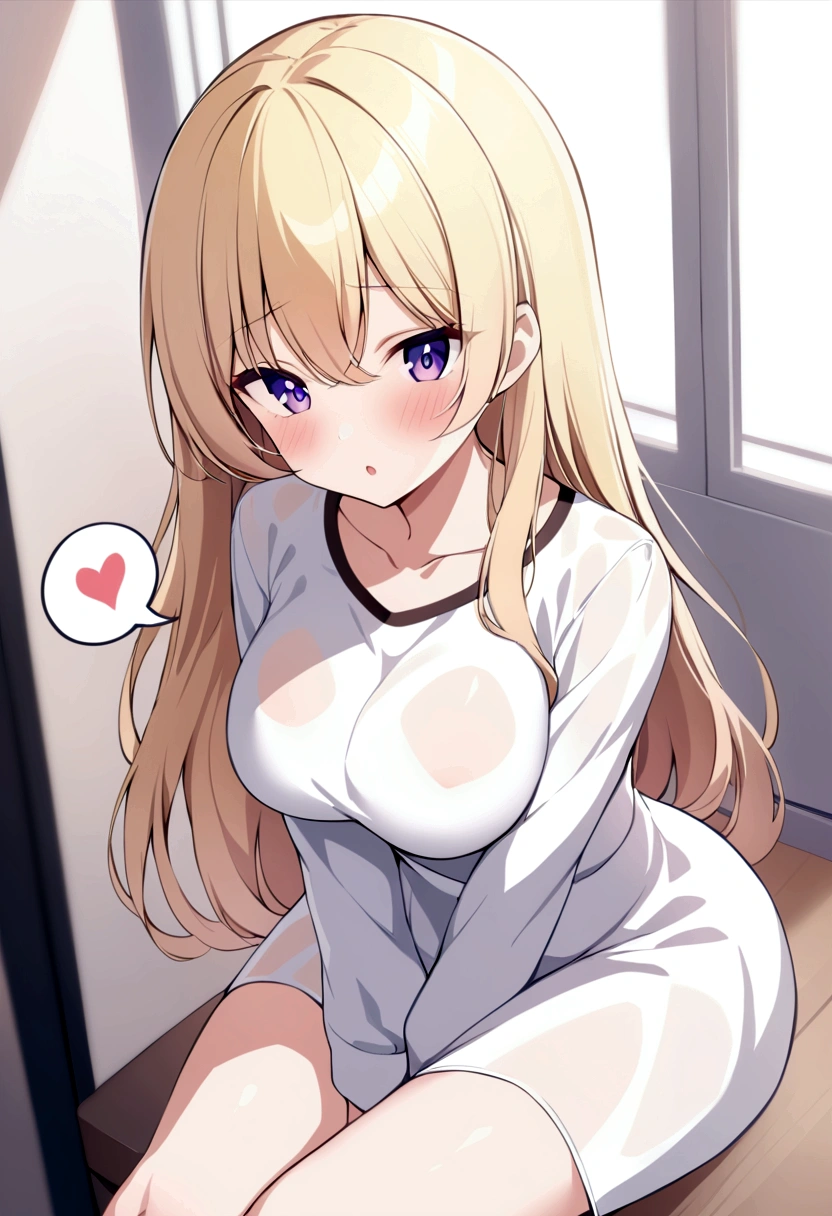 slender, mature female,1girl, blonde_hair, solo, rating:safe, sitting, shirt, long_hair, blurry, heart, speech_bubble, purple_eyes, hand_between_legs, looking_at_viewer, depth_of_field, breasts, dress, indoors, blush, hair_between_eyes, bangs, between_legs, see-through, medium_breasts, eyebrows_visible_through_hair, parted_lips, long_sleeves, alternate_costume, blurry_background, collarbone, v_arms, white_dress, large_breasts, dress, :o, spoken_heart