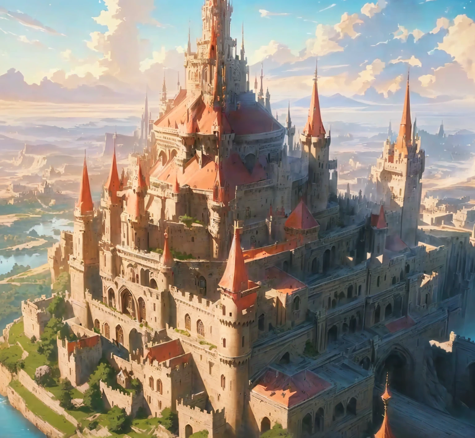 There is a big castle,There is a tower on it, high fantasy castle, An epic castle with towering spires, Fantasy Architecture, Mark Simonetti and sakimicha, Epic Fantasy Card Game Art, Inspired by Marc Simonetti, Mark Simonetti, art style of Mark Simonetti, Fantasy City,