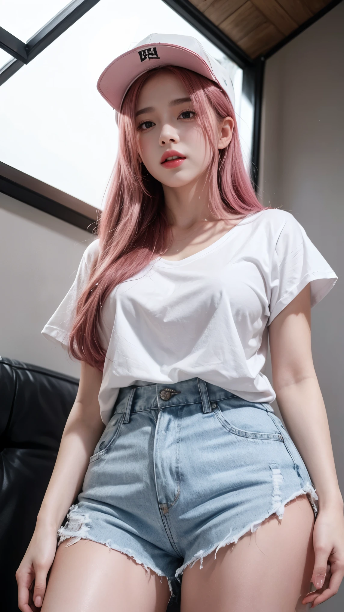 21yo girl,pink hair,long hair, wearing oversize white t-shirt, hot pants, wearing a baseball cap, finger on the lip, natural big breast, show big thigh, plump body. single sidelock hairpin blush modern cinematic lighting,ray tracing,drop shadow wide shot UHD,textured skin,high details,best quality 4K, (from below:1.2), (realistic:1.1), (surreal:1.2), (very detailed:1.1)