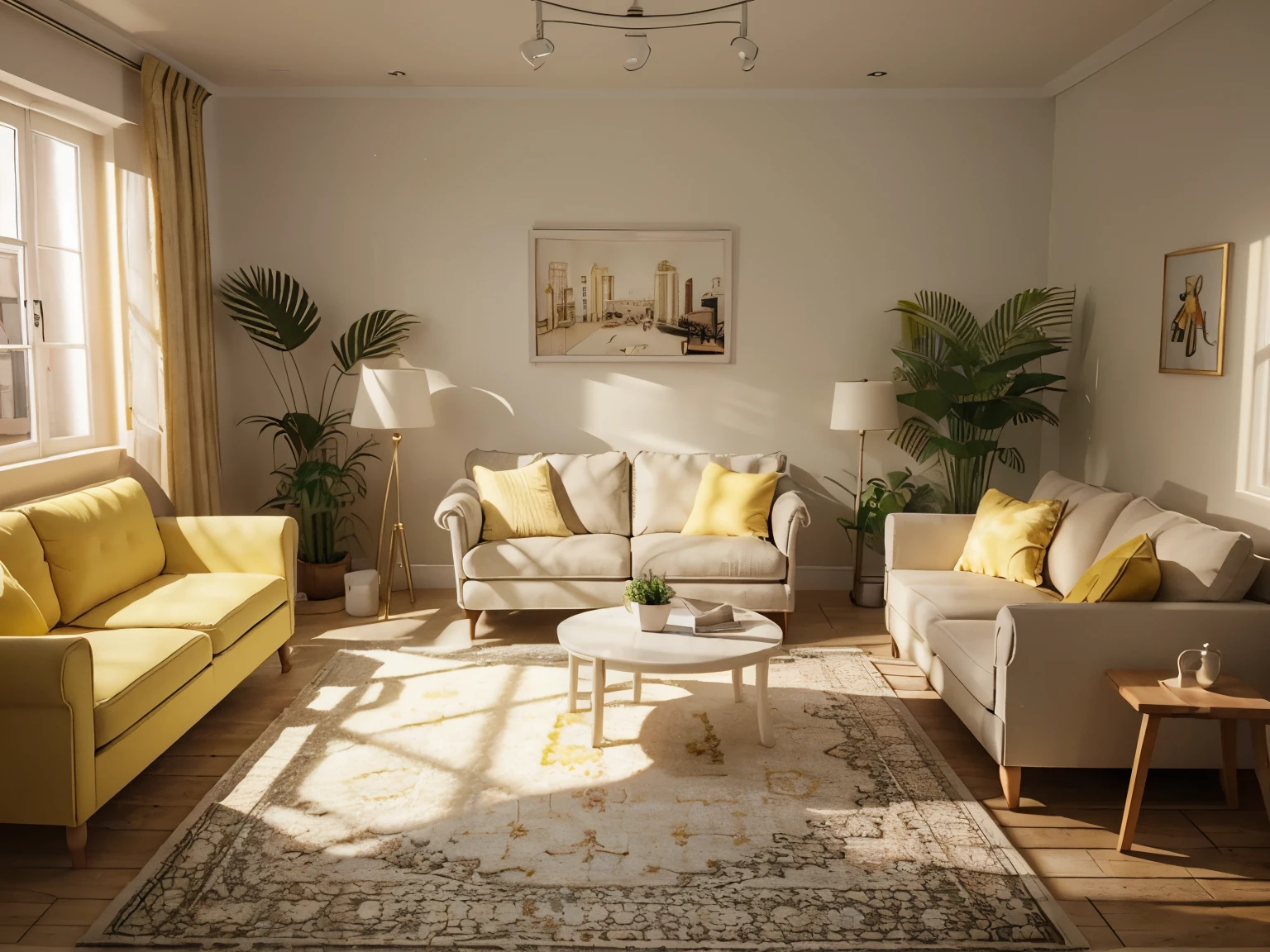 insanely detailed dollhouse, cozy bedroom, cute 3d render, attractive lights and shadows, white and yellow cushions, architecture, furniture, indoors, building, living room, room, rug, plants, home decoration, sofa, chair, interior design  