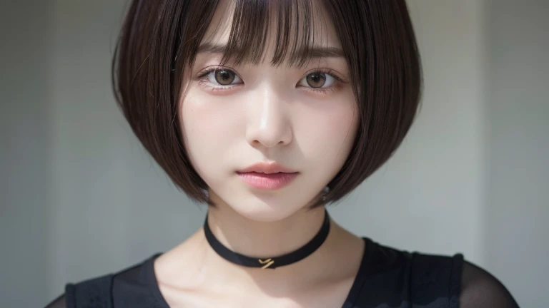 (Bob Cut Hair:1.2),(Put on a choker, Wear a black blouse:1.2),1 girl,Japanese,21 years old,(Small breasts:1.3),(Highest quality,masterpiece:1.3,超A high resolution,),(Ultra-detailed,Caustics),(Photorealistic:1.4,RAW shooting,)Ultra-Realistic Capture,Very detailed,High resolution 16K human skin close-up。 Natural skin texture、,Pores、、It needs to be detailed enough to be easily identifiable。 Skin should be even-toned and healthy looking。 Use natural light and colour, Sad expression, Looking at the camera, Perfect dynamic composition, Outdoor