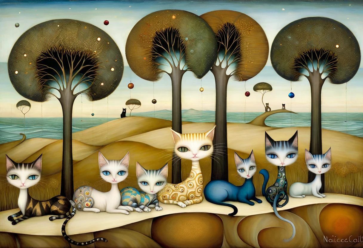 Patchwork by Klimt, Nicoletta Ceccoli, Naoto Hattori, Lawrence Didier, Leonora Carrington. In a seascape with sand dunes and clumps of grass, cats with long necks and tails of different colors are lying on the branches of trees.