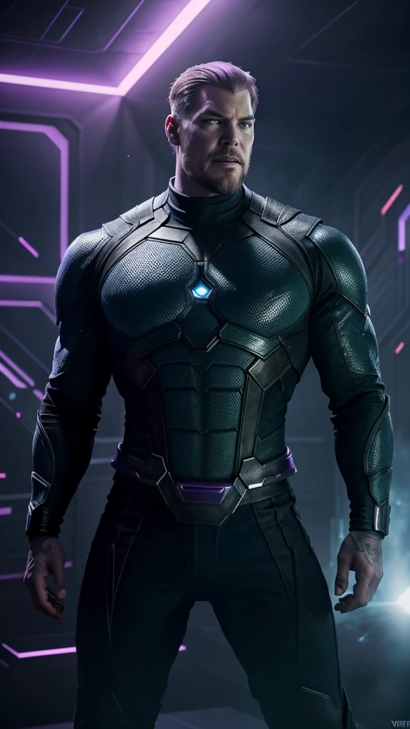 Create an intriguing scene featuring a rendition of the movie character Thanos. He should be depicted in black attire, exuding a mysterious aura against a dark and atmospheric background resembling a YouTuber's room. Incorporate elements such as green LED lights or holographic displays with subtle nods to the matrix-like digital aesthetics. The composition should convey a blend of futuristic technology and ominous ambiance, capturing Thanos in a unique and captivating visual style.The real purple Thanos that looks like villian character.