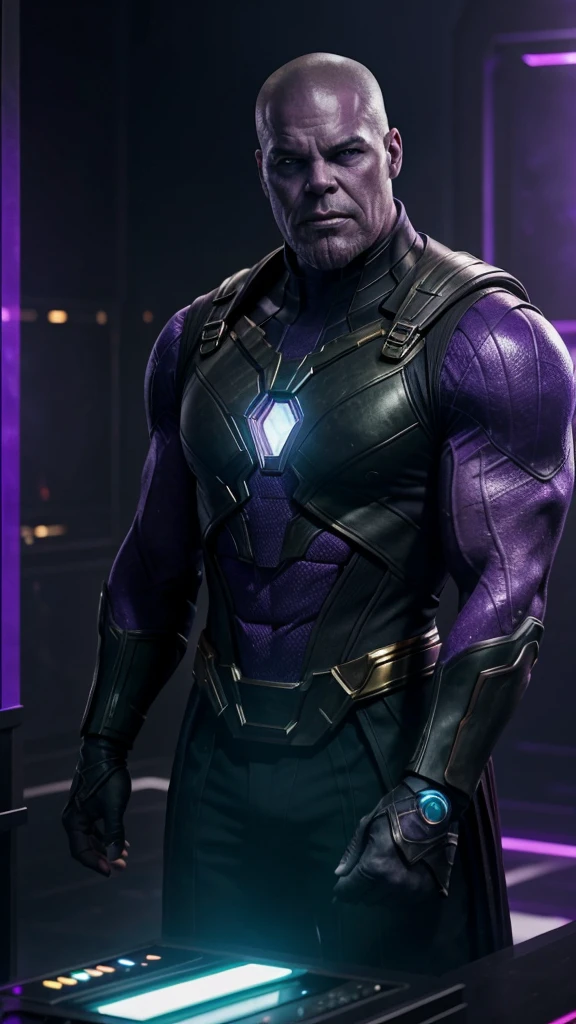 Create an intriguing scene featuring a rendition of the movie character Thanos. He should be depicted in black attire, exuding a mysterious aura against a dark and atmospheric background resembling a YouTuber's room. Incorporate elements such as green LED lights or holographic displays with subtle nods to the matrix-like digital aesthetics. The composition should convey a blend of futuristic technology and ominous ambiance, capturing Thanos in a unique and captivating visual style.The real purple Thanos that looks like villian character.