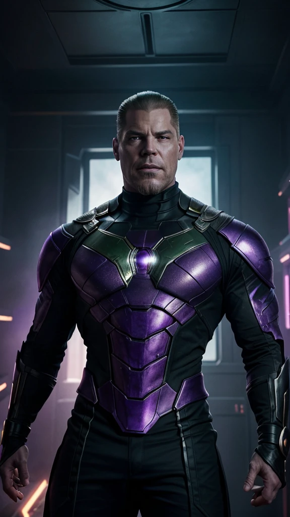 Create an intriguing scene featuring a rendition of the movie character Thanos. He should be depicted in black attire, exuding a mysterious aura against a dark and atmospheric background resembling a YouTuber's room. Incorporate elements such as green LED lights or holographic displays with subtle nods to the matrix-like digital aesthetics. The composition should convey a blend of futuristic technology and ominous ambiance, capturing Thanos in a unique and captivating visual style.The real purple Thanos that looks like villian character.