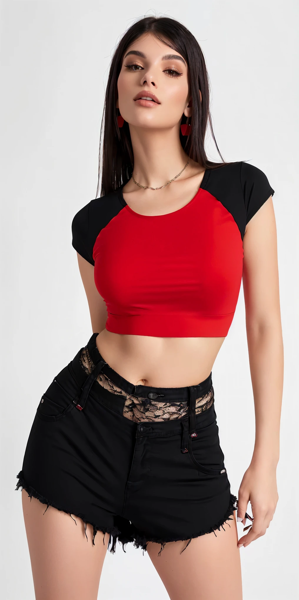 a woman in a red blouse and black shorts posing for a photo, with torn t-shirt, only black and red, top cut, usando um top cropped sexy, top cut, red black, wearing a cropped tops, Physicist : smallest belly ever, red and black, black red white clothes, wearing a cropped top, wearing top cut