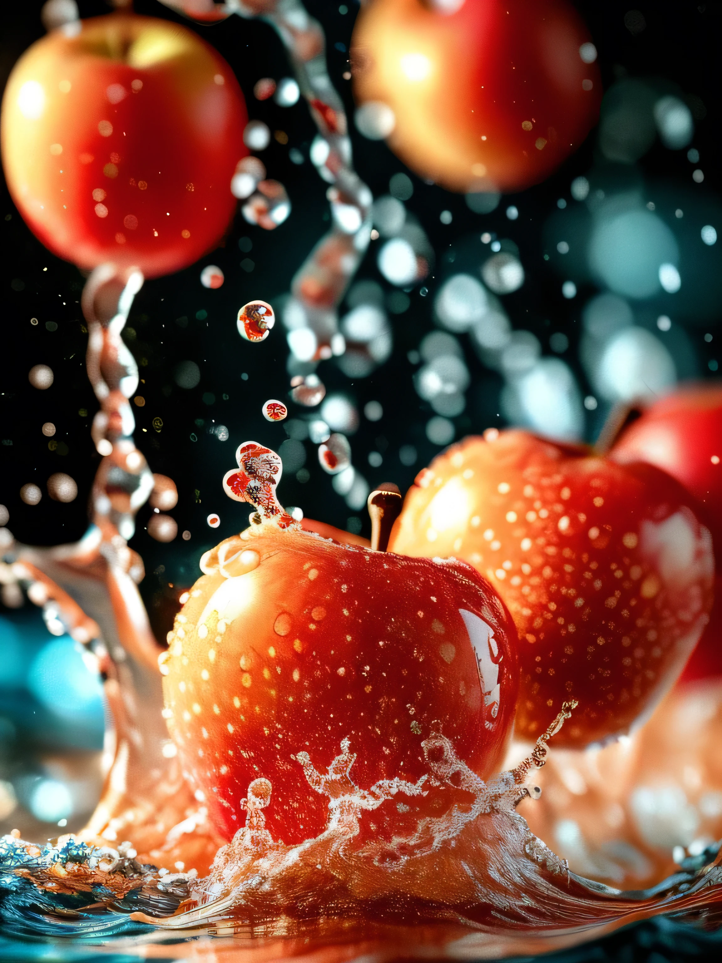 Real photography of 3 apples falling into water and splashing with water droplets. Commercial advertising style, macro shot, background, warm lighting, cool colors creating splash effect. The cherry is dotted with white light spots, and the cherry falls from above, forming a splashing liquid water ball. HD photography quality.