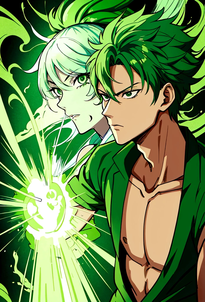 a close up of a person with green hair and a green head, an anime drawing inspired by Eiichiro Oda, tumblr, sōsaku made, Roronoa zoro, human and dragon fusion, green mane, green fire, green aura, Badass anime 8 K, anime wallaper, green head, phone wallpaper, green colored skin!!