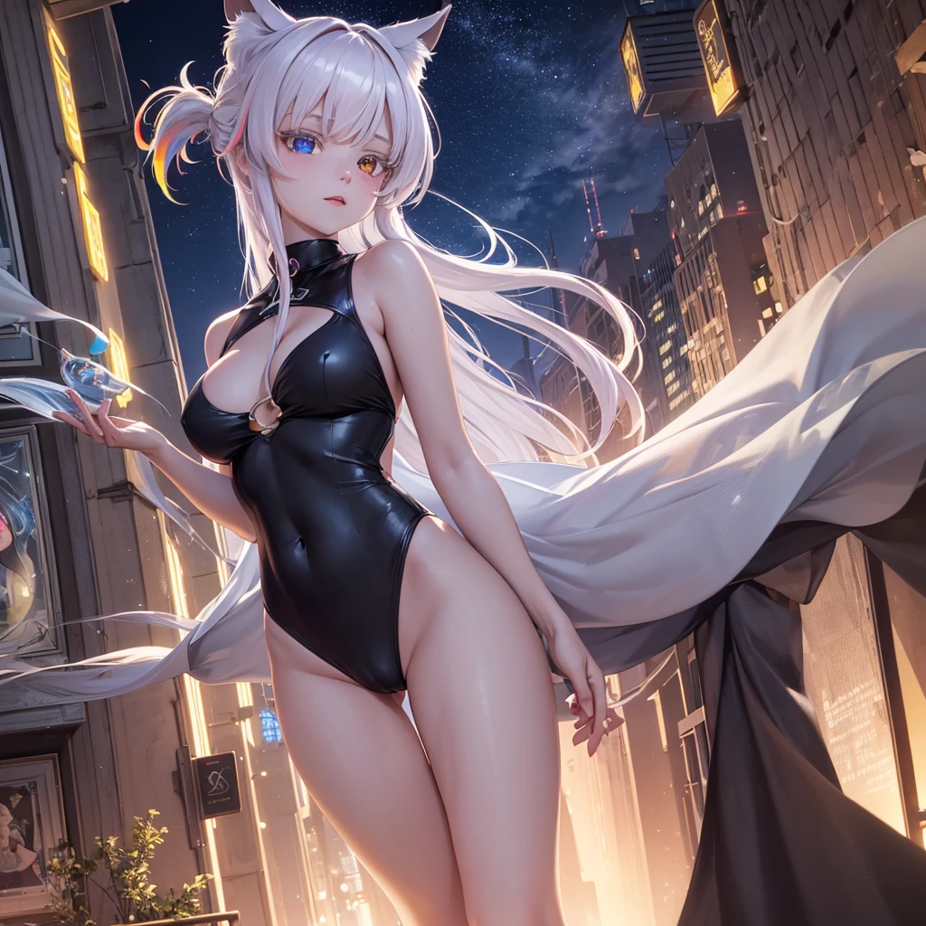 {{masterpiece}}, best quality, extremely detailed CG unity 8k wallpaper, cinematic lighting, lens flare, beautiful detail eyes, black,  side glance,  multicolor short white hair, colorful light, particles, heterochromia, (colorful:1.5), (colorful hair:1.5), show body goal, swimsuit, rooftop view, night,