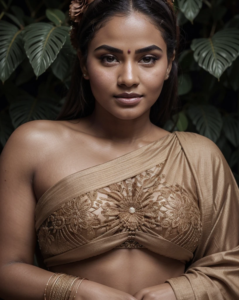 Extremely gorgeous, round face, shoot for a famous cosmetics brand, shoot for top health magazine cover Page, bold photoshoot, bold looks, body positivity, stunning beauty, ravishing, spicy hot, sizzling hot, sensual shoot, artistic sensual photograpy, thick figure, curvy, Thick navel, sexy tempting lady, sexy navel folds, fleshy figure, woman with a flower in her hair and a flower in her hair, closeup portrait shot, movie stills photography, traditional beauty, body sweat, glistening skin, skin texture, skin pores, traditional clothes , traditional female hairstyles, pretty face!!, shot on sony alpha dslr-a300, indian woman with brown skin, indian goddess, traditional makeup, movie stills, actress, close - up portrait shot, detailed portrait shot, ultra HD, 32k, hyper realistic, hyper realistic skin, High level professional photography, insane details, high quality skin, beautymarks, real photograph, add every possible elements to make the photo looks as real photograph,