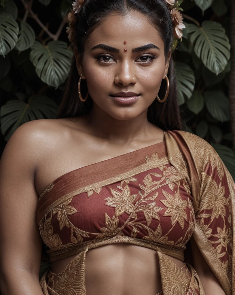 Extremely gorgeous, round face, shoot for a famous cosmetics brand, shoot for top health magazine cover Page, bold photoshoot, bold looks, body positivity, stunning beauty, ravishing, spicy hot, sizzling hot, sensual shoot, artistic sensual photograpy, thick figure, curvy, Thick navel, sexy tempting lady, sexy navel folds, fleshy figure, woman with a flower in her hair and a flower in her hair, closeup portrait shot, movie stills photography, traditional beauty, body sweat, glistening skin, skin texture, skin pores, traditional clothes , traditional female hairstyles, pretty face!!, shot on sony alpha dslr-a300, indian woman with brown skin, indian goddess, traditional makeup, movie stills, actress, close - up portrait shot, detailed portrait shot, ultra HD, 32k, hyper realistic, hyper realistic skin, High level professional photography, insane details, high quality skin, beautymarks, real photograph, add every possible elements to make the photo looks as real photograph,