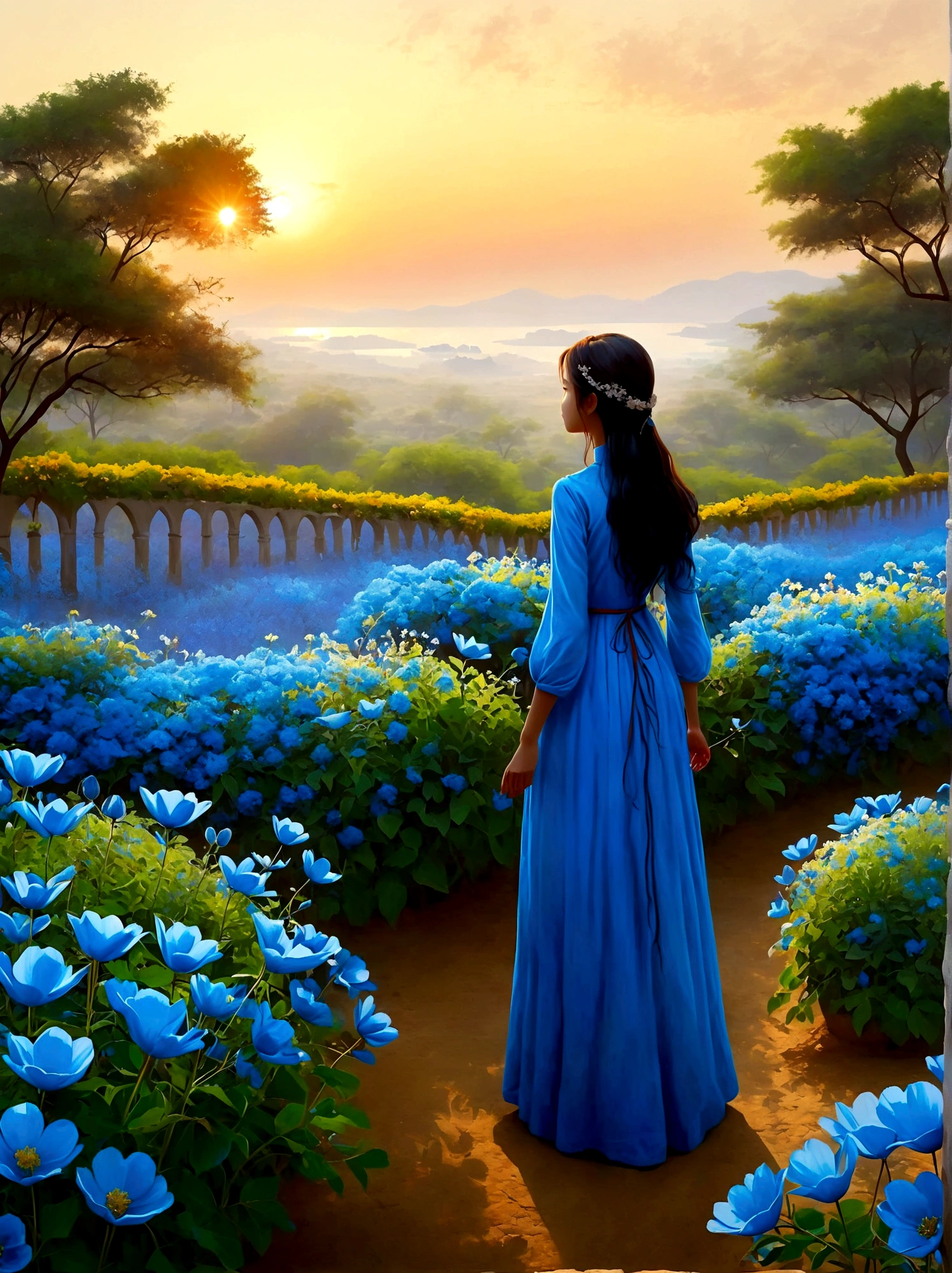 (Dawn sunrise time:1.6),In the fragrant garden, The blind girl stood there,Open your arms, Gently touch the petals she encounters, Connect with nature and sweet blue flowers, The individual stands tall in awe and wonder under the expansive sky, their silhouette a stark contrast against the vibrantly colored morning light, They are in a deep state of contemplation, the serene atmosphere around them speaks of tranquility and solitude, The perspective is from a wide-angle view emphasizing the immense scope of the breathtaking landscape filled with natural elements, The image should evoke a sense of drama and magnitude with the effective use of light and shade.
