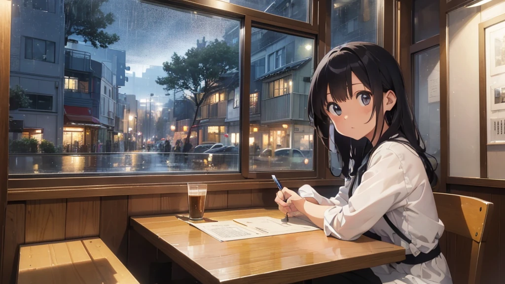 ((Highest quality)), ((masterpiece)), (detailed), At the window in the cafe。 Outside, the rain falls quietly in the evening sky. At the window in the cafe。 Warm lighting and calming colors。 The street lights are reflected beautifully in the window.。 A woman sits indoors、He is working with a ballpoint pen in one hand.。 Relaxed atmosphere。 On the table、Computers and Notebooks、On the tableにコーヒーのマグカップがある,Backwards