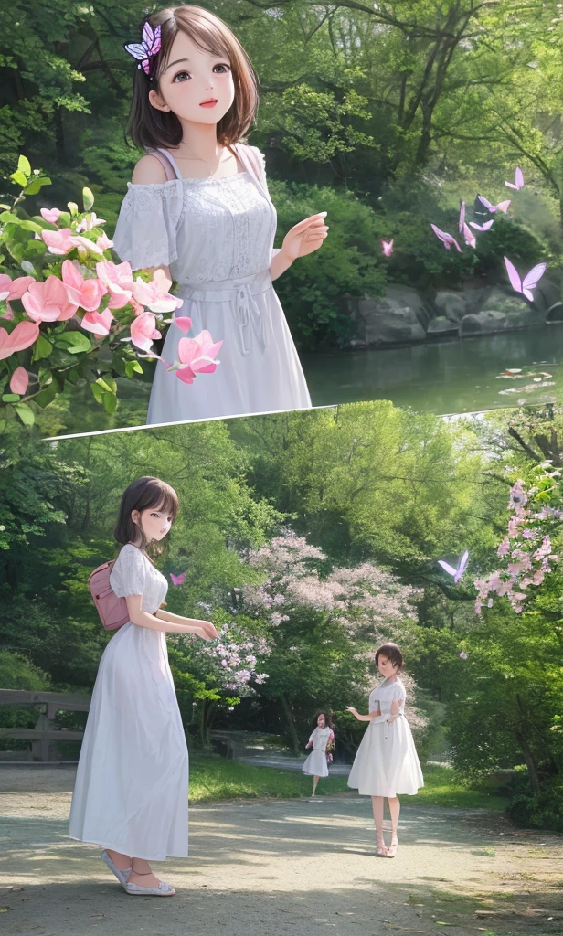 Very attractive with a backpack, Playing with a cute puppy, Enjoy a beautiful spring walk in the park, Beautiful pink flowers and natural scenery. The illustrations are in high resolution with 4K resolution., Highly detailed facial features and cartoon-style visuals, (Butterfly Dance)