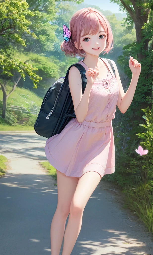 Very attractive with a backpack, Playing with a cute puppy, Enjoy a beautiful spring walk in the park, Beautiful pink flowers and natural scenery. The illustrations are in high resolution with 4K resolution., Highly detailed facial features and cartoon-style visuals, (Butterfly Dance)
