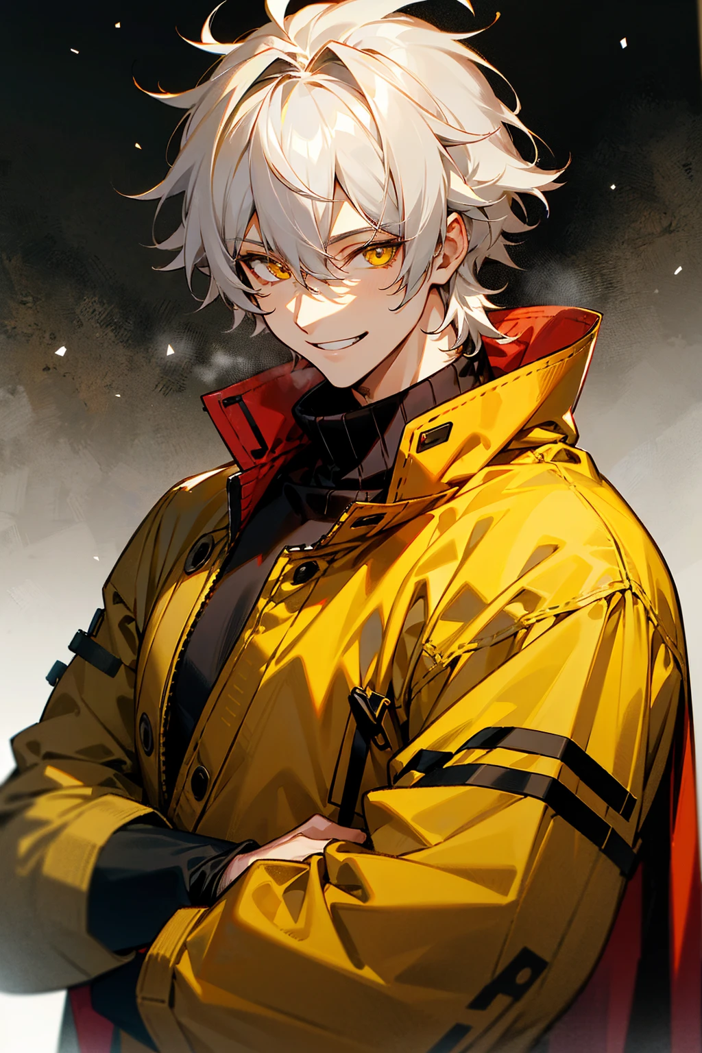 1male , Greyish White Hair , Golden Eyes , Smiling Expression , Messy Hair , Muscular , Black Turtleneck under a yellow Longsleeve Shirt with a red and black X patch on the shoulder , Perfect Generation , Young Male , Snowy Tundra Background ,