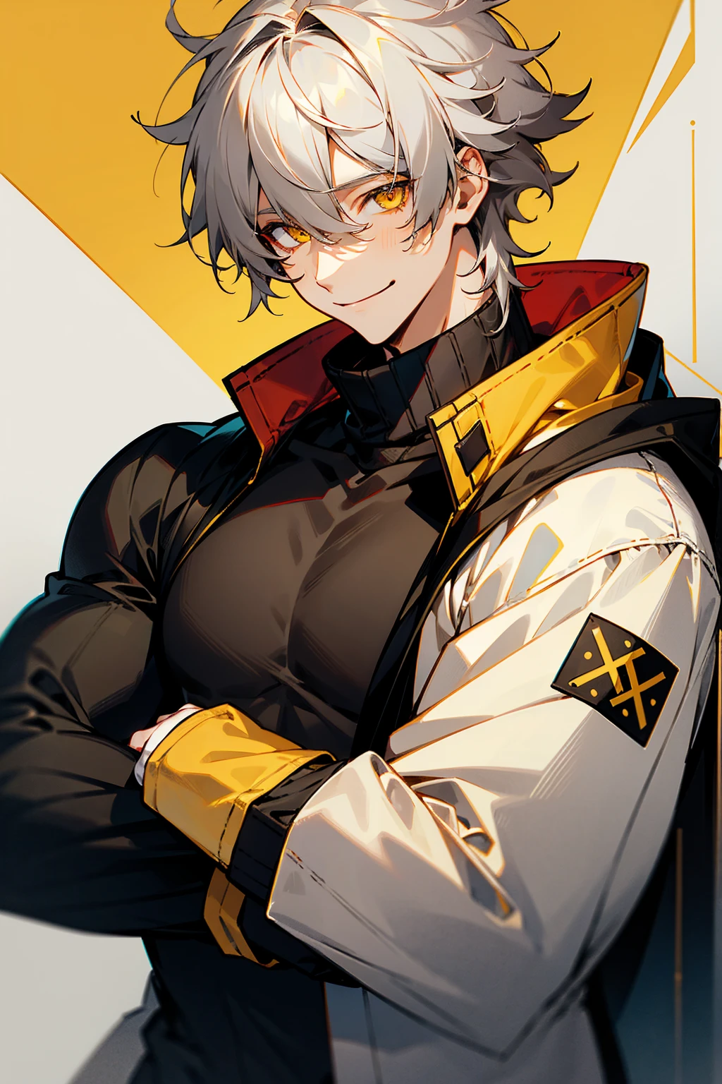 1male , Greyish White Hair , Golden Eyes , Smiling Expression , Messy Hair , Muscular , Black Turtleneck under a yellow Longsleeve Shirt with a red and black X patch on the shoulder , Perfect Generation , Young Male , Snowy Tundra Background ,