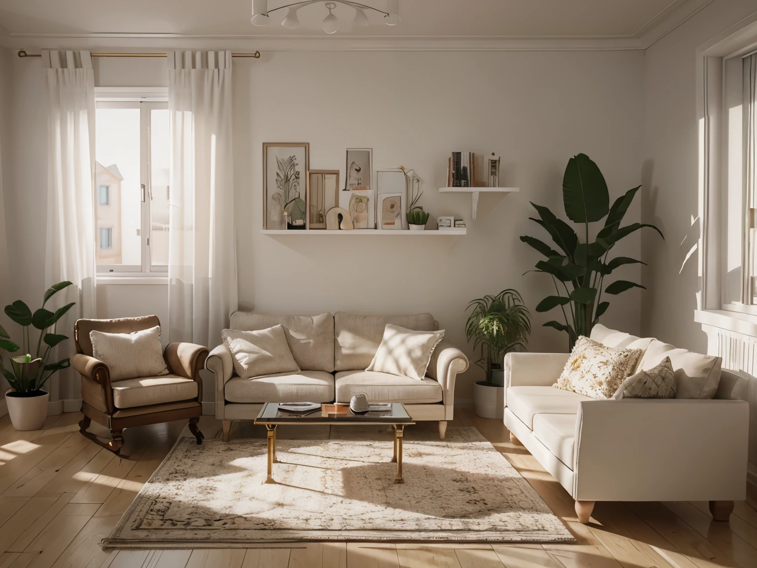 insanely detailed dollhouse, cozy bedroom, cute 3d render, attractive lights and shadows, white cushions, architecture, furniture, indoors, building, living room, room, rug, plants, home decoration, sofa, chair, interior design  