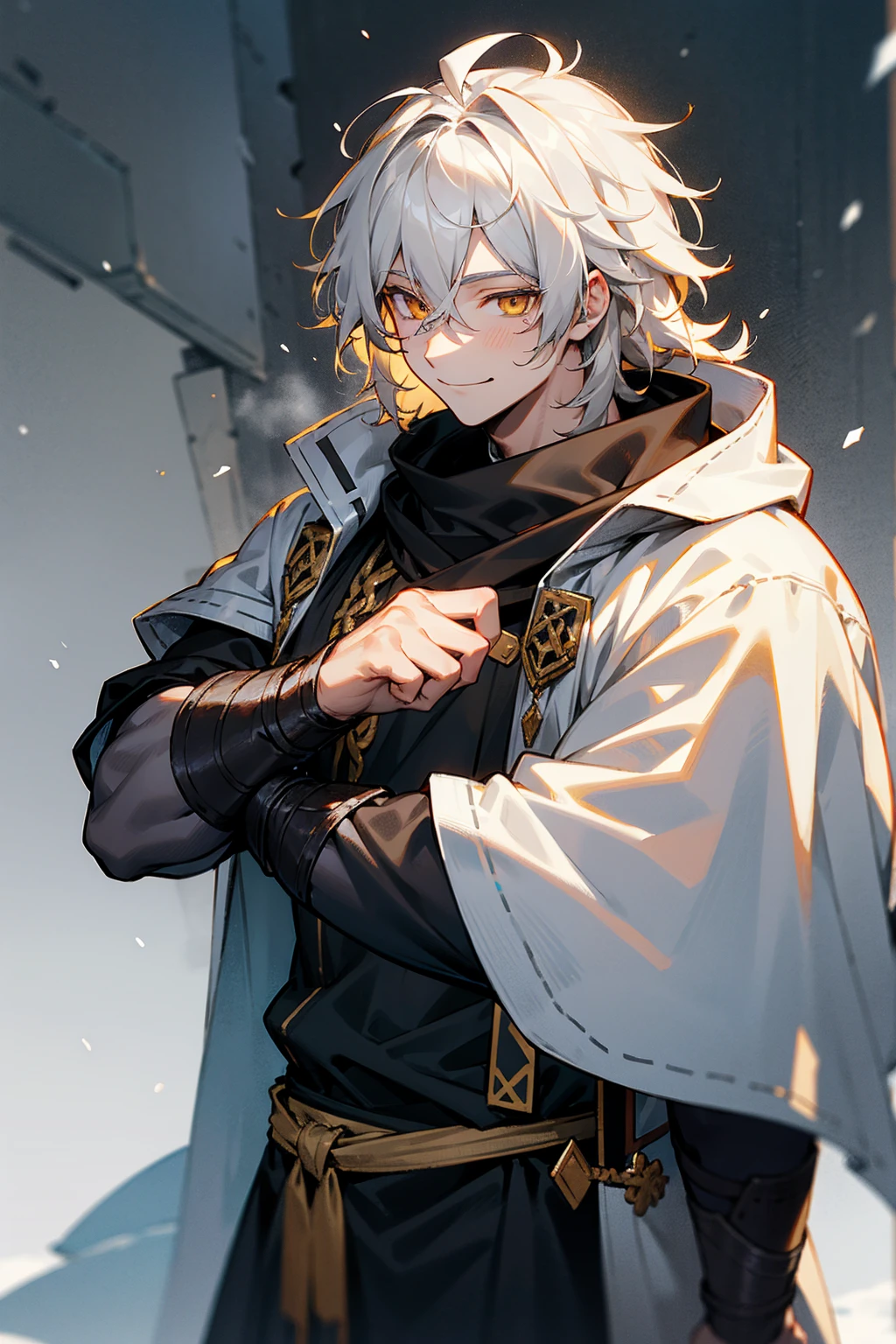 1male , Greyish White Hair , Golden Eyes , Smiling Expression , Messy Hair , Muscular , Black Viking Clothing , Combat Clothing , Perfect Generation , Young Male , Snowy Tundra Background 