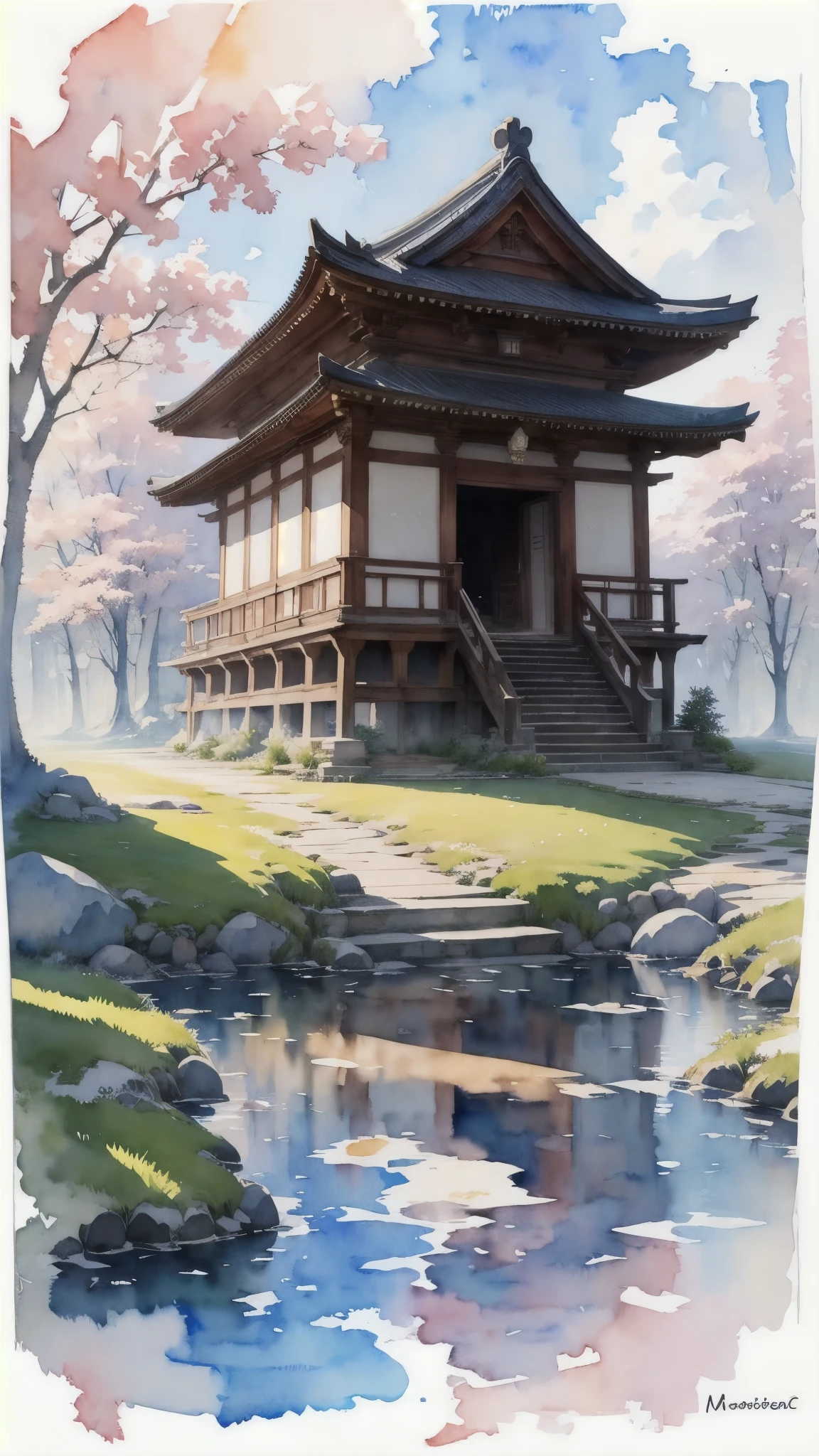 (masterpiece),(Highest quality:1.2),(Very detailed:1.2),(High resolution),(((watercolor))),8K,wallpaper,Japanese Temples