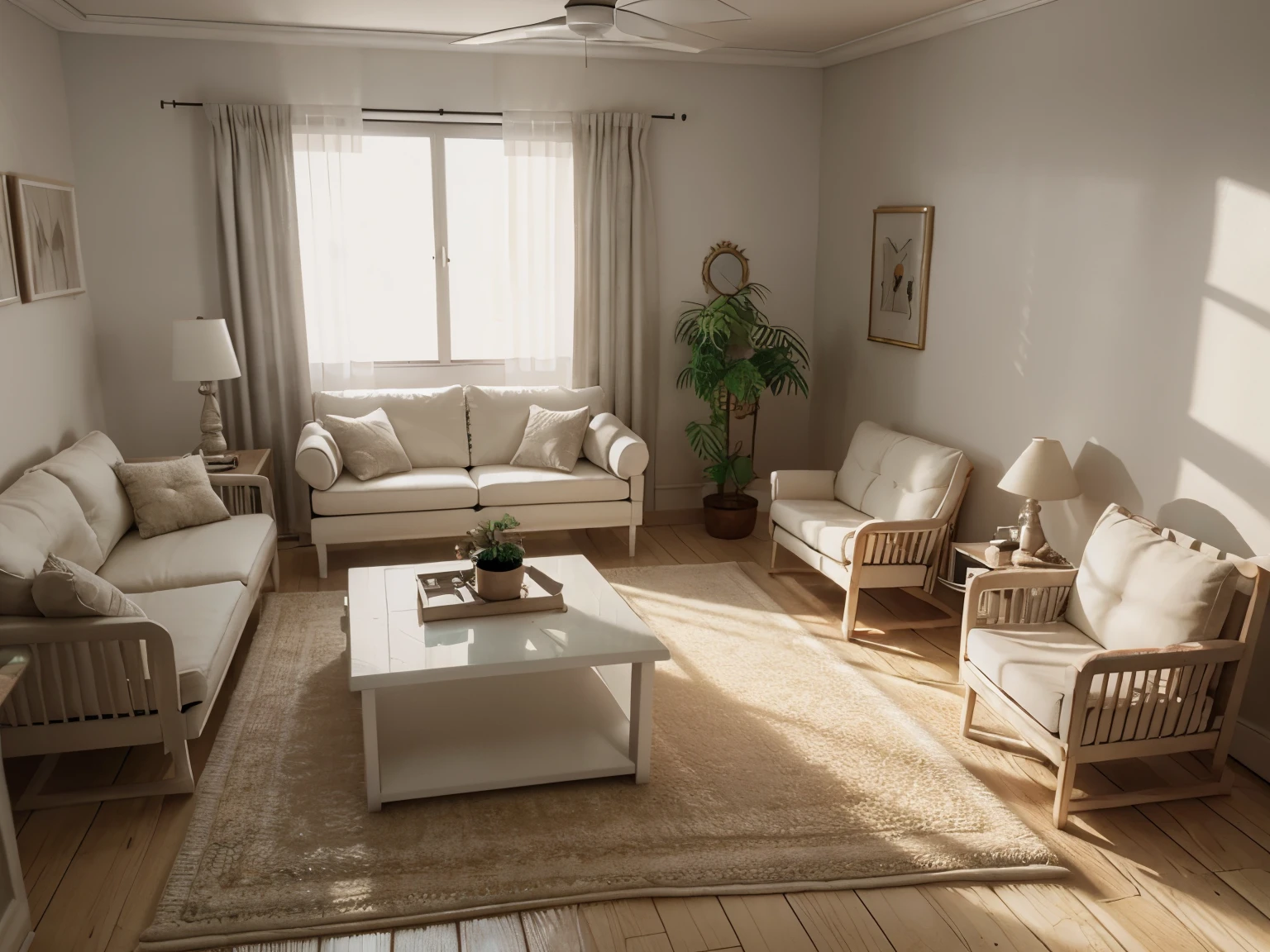 insanely detailed dollhouse, cozy bedroom, cute 3d render, attractive lights and shadows, white cushions, architecture, furniture, indoors, building, living room, room, rug, plants, home decoration, sofa, chair, interior design  