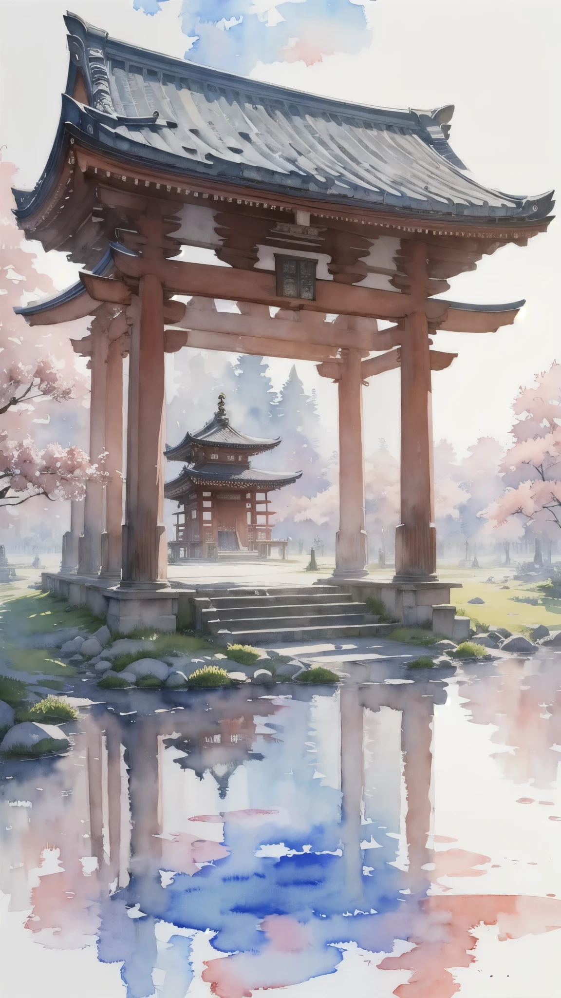 (masterpiece),(Highest quality:1.2),(Very detailed:1.2),(High resolution),(((watercolor))),8K,wallpaper,Japanese Temples