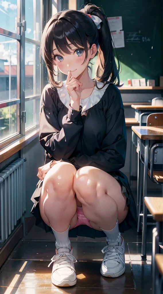 Anime girl sitting at a classroom desk with a blackboard, beautifulアニメのhigh school girl, cute anime girl, white pantiesー,cute, seductive anime girl, anime moe art style, squatbeautifulanimegirl, anime best girls, Smooth anime CG art, attractive anime girl, cotton panties,surreal , young anime girl、wear sneakers、white panties、full color、(muste piece、 best quality:1.2)、High resolution、high resolution、in 8K、🎁Live-action、Raw photo、highest quality、masterpiece、 extremely delicate、High definition raw color photo、professional photography、 wonderful face and eyes、超High resolution、Raw photo、beautiful、beautiful、beautiful girl、(solo:1.2)、 black hair、big 、blush、smile、big 、 、view audience、squat、(Crouching panty shots:1.2)、fully exposed panties、blush、shy smile、outdoor、outside of home、Obscene content、pornography、high school girl、sit with one's knees、sit with your heels on the ground、hold your knees with both hands、shins facing forward、body facing forward、sit with your heels on the ground、open legs、open crotch、white panties、8k photo、Live shooting、最high resolution、masterpiece:1.2、real、photorealistic、high contrast、photon mapping、Realism、Super detailed、professional lighting、Low - Angle:1.2)、(1 girl)、(solo:1.5)、(Height is 165 cm), (18才のhigh school girl), (Japanese high school uniform)、(summer blouse:1.2)、(plaid short skirt:1.2)、(white shirt with student ribbon:1.2)、(squatting down looking straight ahead)、(open crotch:1.2), (white panties:1.5)、(camel toe)、(white sneakers:1.2)、 (perfect proportions:1.2), (White panties are visible under the skirt:1.5), (The detailed shape of the female private parts is clearly visible:1.4), (have pubic hair:1.4), (textured skin)、I can see the cleavage、(8K、RAW photo、highest quality、masterpiece:1.2)、(realistic、Photoreal)、1 girl、from the corner of your eye1Tsu Mole、((white blouse、sailor suit、red tie、Below-the-knee length red checked pleated skirt))、(high school girl)、40 years、Skirt rolled up、gal、lots of eyelashes、glitter on eyelids、skeletally correct、thi